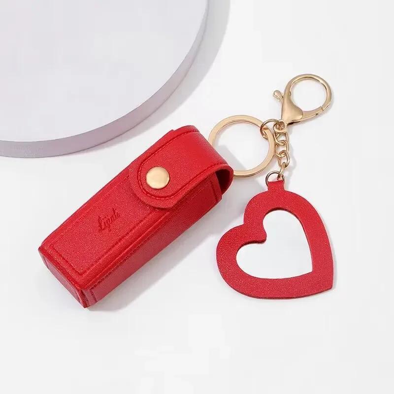 2pcs Portable Leather Lipstick Bag Makeup Pouch Lip Balm Bag Keychain Holder Lipsticks Protective Cover With Mirror