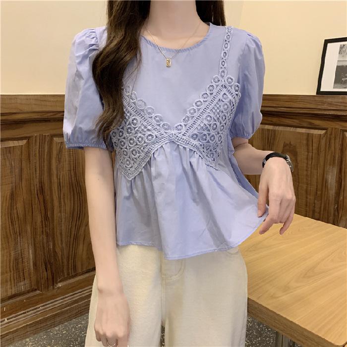 

Летняя женская элегантная лоскутная шифоновая укороченная футболка со свободными складками, повседневная футболка L синий