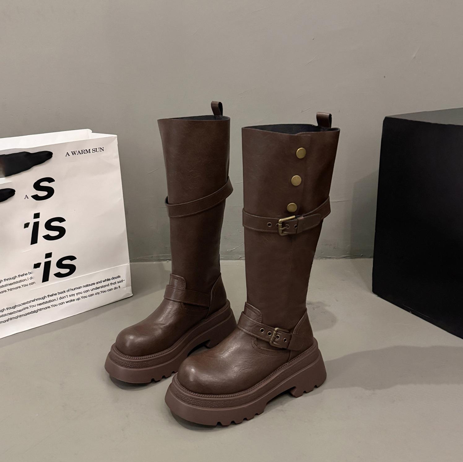 

Но детские модели ботфортов маленькие 2025 осень и зима женские сапоги на толстой подошве два варианта носки средняя голень ботинки Мартин высокие сапоги 40 коричневый