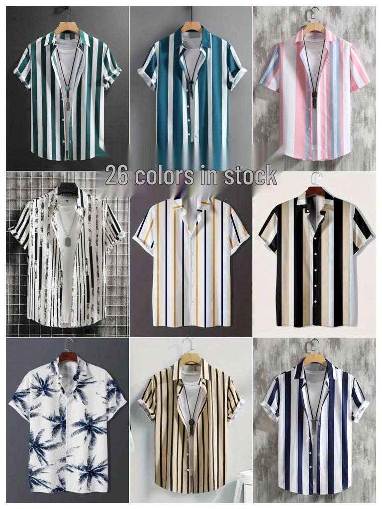 חולצת גברים מפוספסת עם שרוולים קצרים, מכופתרת, קז'ואל, לחופשה