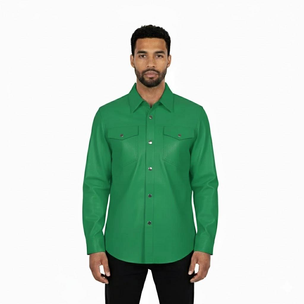 

Мужская рубашка ручной работы стильная повседневная байкерская кожа натуральная овчина формальная одежда зеленая 3XL зелёный