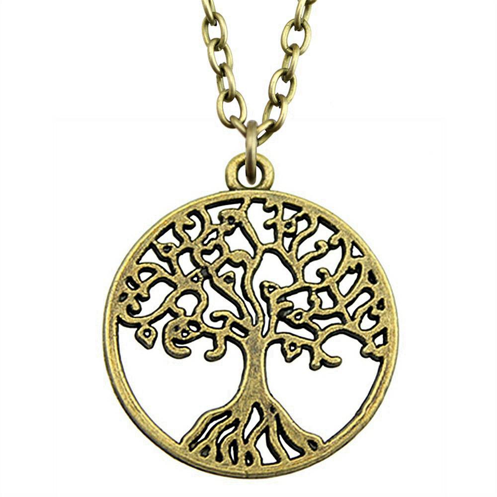 Vintage Rose Flower Charm Necklace Tree Of Life Pendant Antique Jewelry 43cm Chain