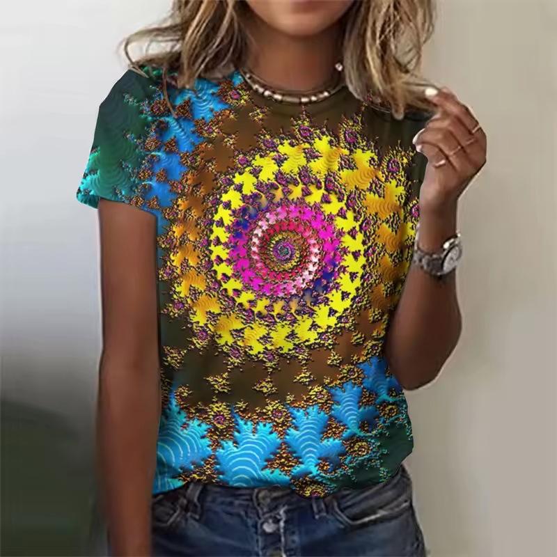 3D Printed Color Rotating Pattern T-shirts Summer Retro Loose Round Neck Short Sleeved Women's T-shirts
