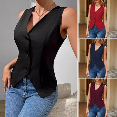 Damen Festliche Anzugweste V-Ausschnitt Knopfleiste Blazer Weste Ärmelloses Crop-Top