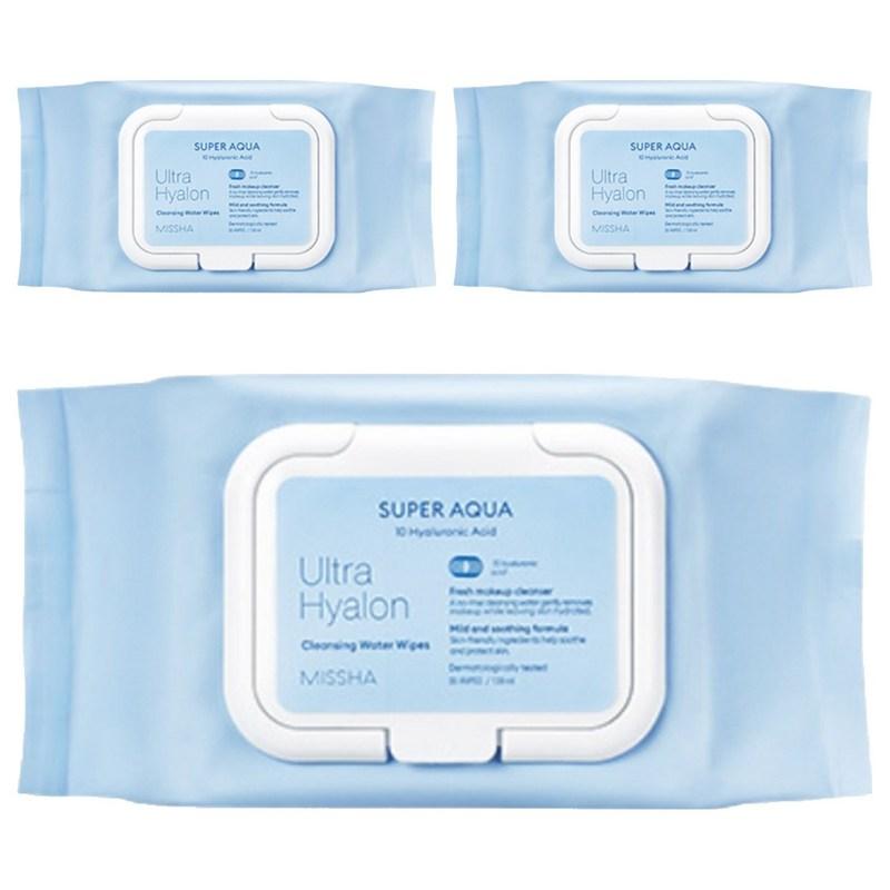 Missha Super Aqua Ultra Hyaluron Cleansing Water Tissues, 30 Sheets Pack, 3 pcs