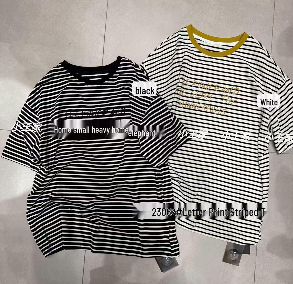 Xiao Wangs Frühling 23062 Koreanisches Übergrößen-Streifen-T-Shirt mit Rundhalsausschnitt