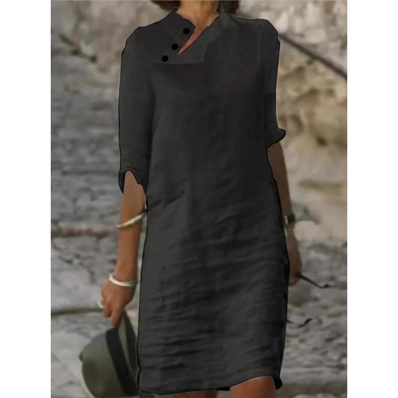 YYFS Women's Fashion Summer Spring Solid Color Print 1/2 Sleeves Stand-Neck Loose Waistline Casual Dresses