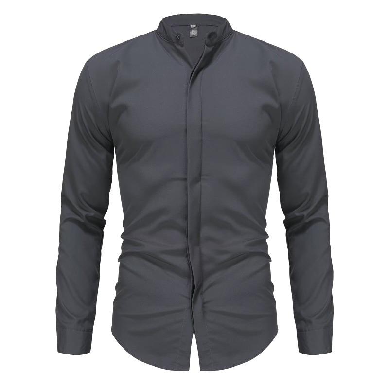 Mens Stand Collar Non Iron Slim Fit Long Sleeve Cool Casual Shirt