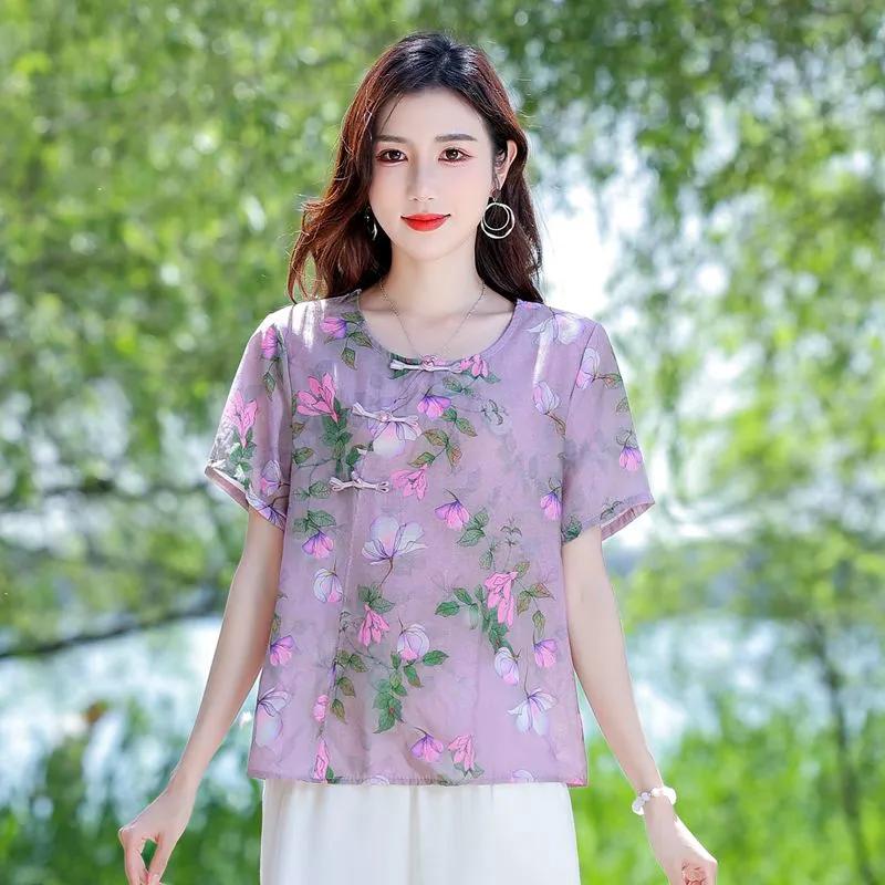 Damen Chinesischer Stil Bedrucktes Kurzarm-Oberteil für Mama - Rundhals Froschknöpfe Lockerer Schnitt Bluse für den Sommer