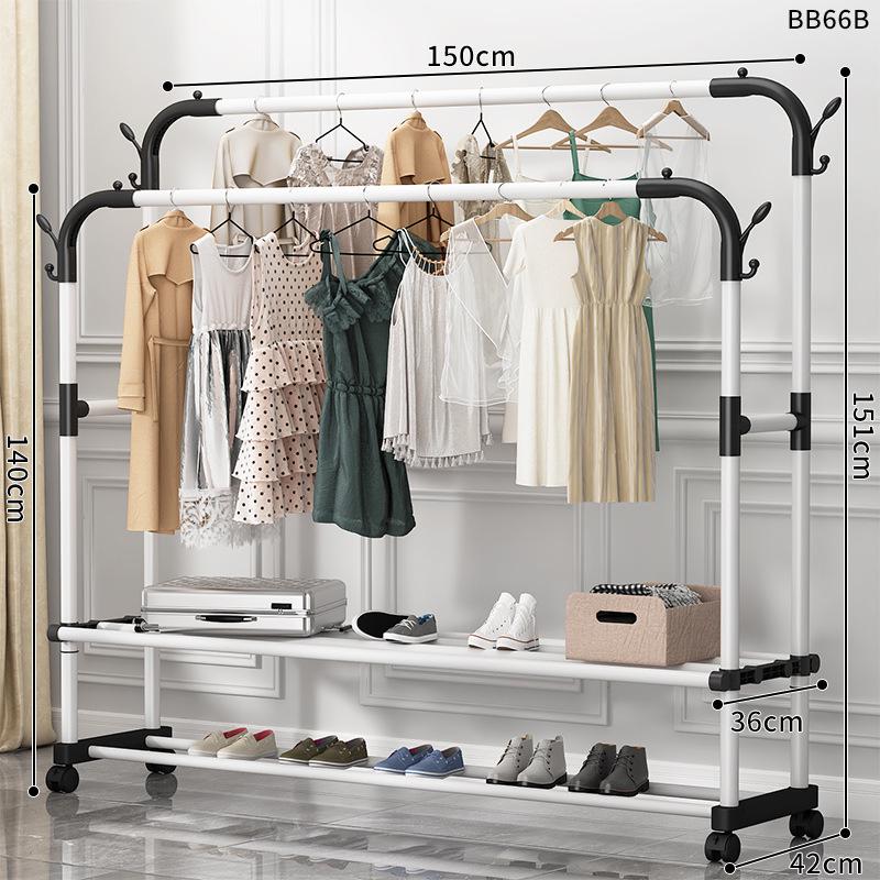 Minimalist Indoor Floor-Standing Coat Rack with Double Pole and Shelf for Bedroom or Balcony