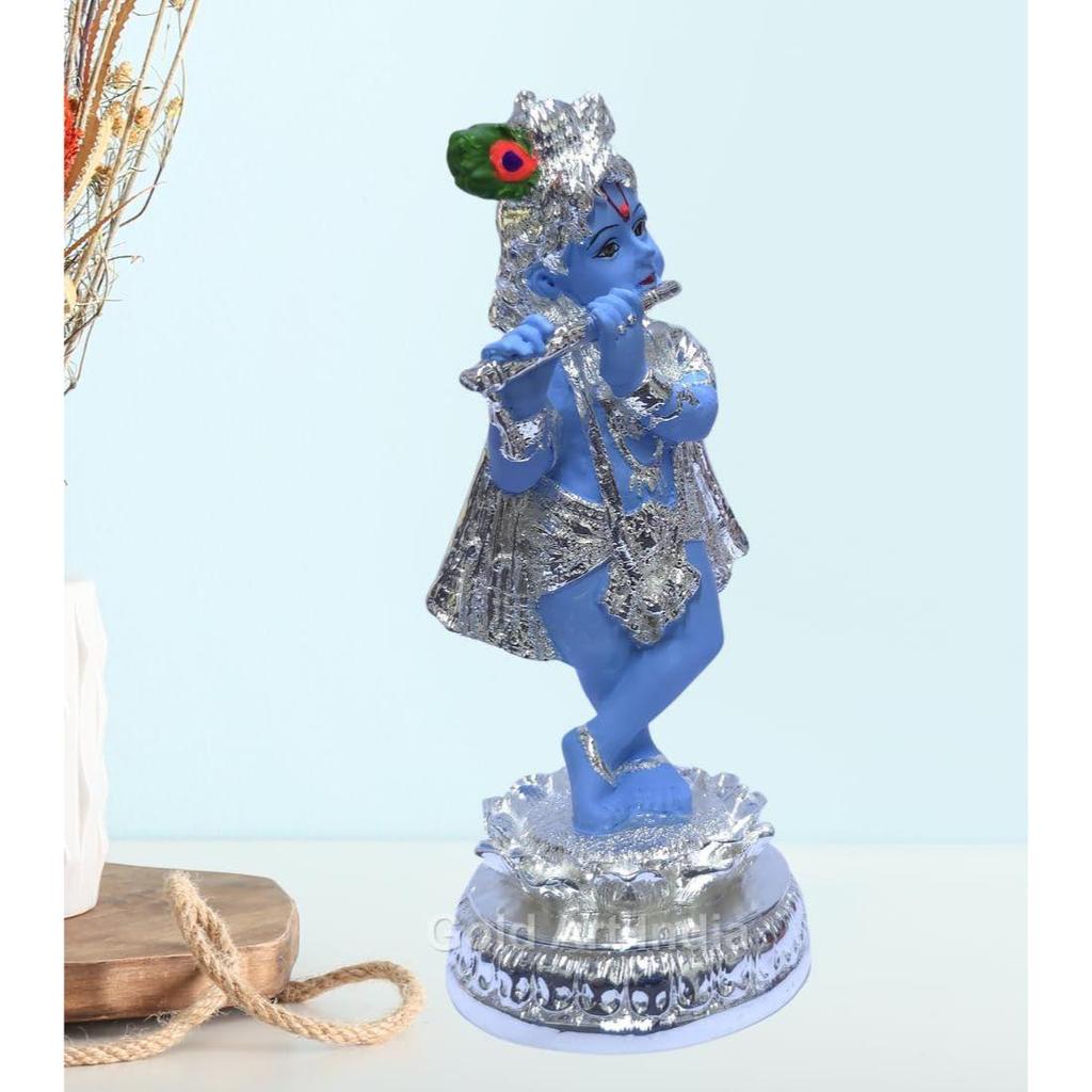 India Lord Krishna Idol | 999 Silver Plated Krishna Statue | Standing Krishna Playing Basuri | Krishna ji for Pooja & Gifting