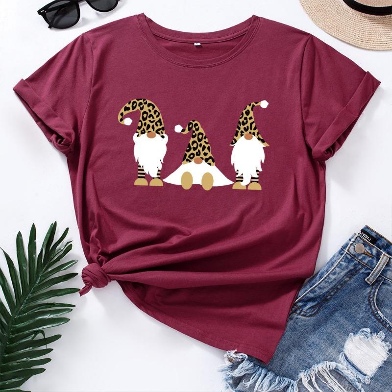 

Летняя рождественская женская одежда с принтом из чистого хлопка, свободные футболки с круглым вырезом и короткими рукавами для женщин 3XL бордовый