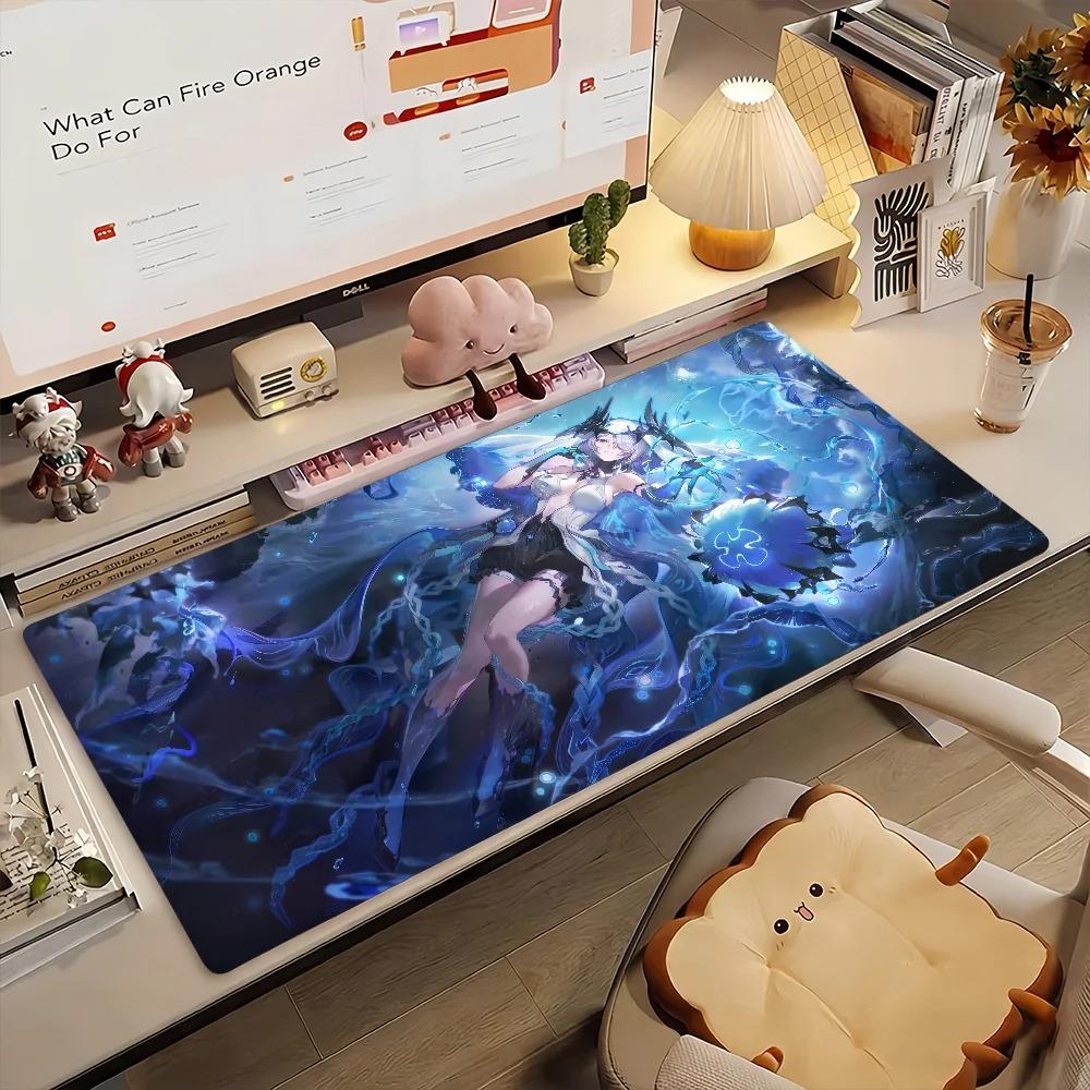 Gaming Mouse PadLarge Desk MatAntislipStitched EdgesBlue Water Element Anime Girl Print Keyboard Pad for Gamer Home Office
