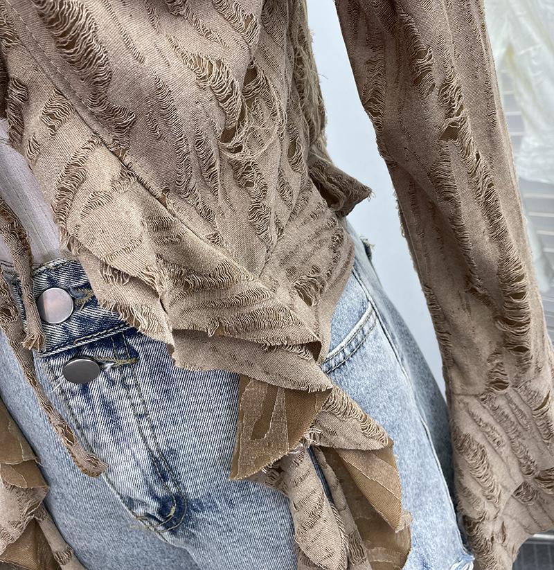 Post-Apocalyptic Style Ruffled Tie-Up Ripped Cardigan, Long-Sleeve Outer Layer