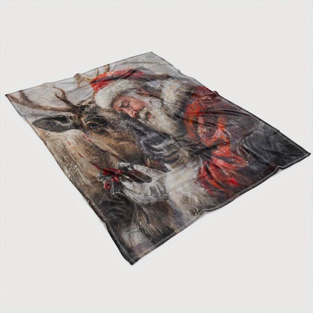 1pc, Santa Claus with Deer Christmas Sofa Flannel Blanket, Soft and Warm Sofa Throw, Christmas Wreath Fleece Blanket for Camping