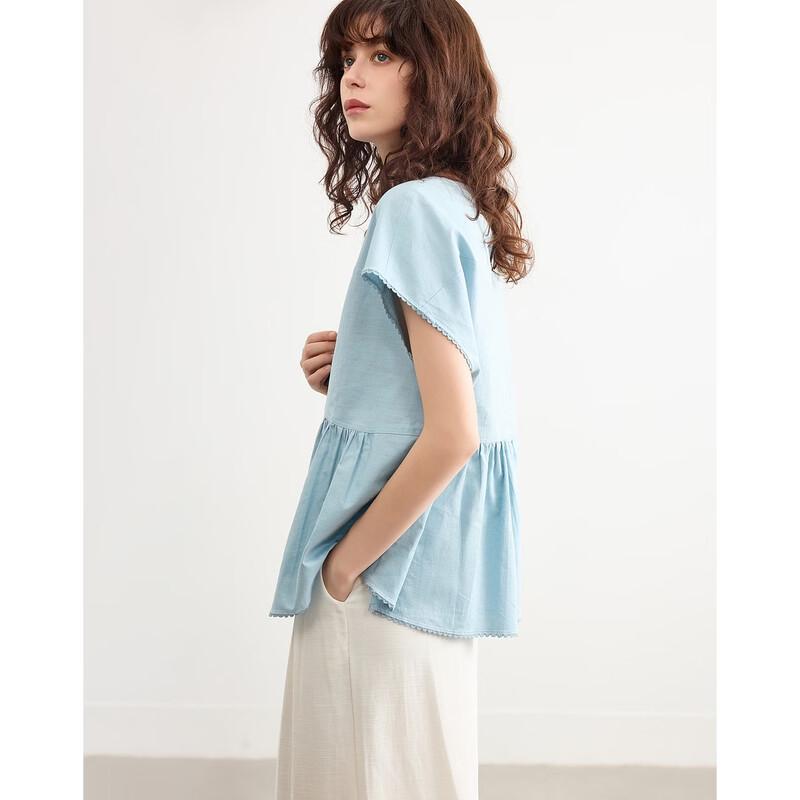 Demana Women s Round Neck Cap Sleeve Linen Cloud Cotton Blend Shirt M