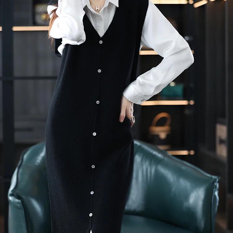 Damer Middels til Lang Ermeløs Strikket Knelang Vest Høst Vinter Ensfarget Skjørt Genser og Camisole