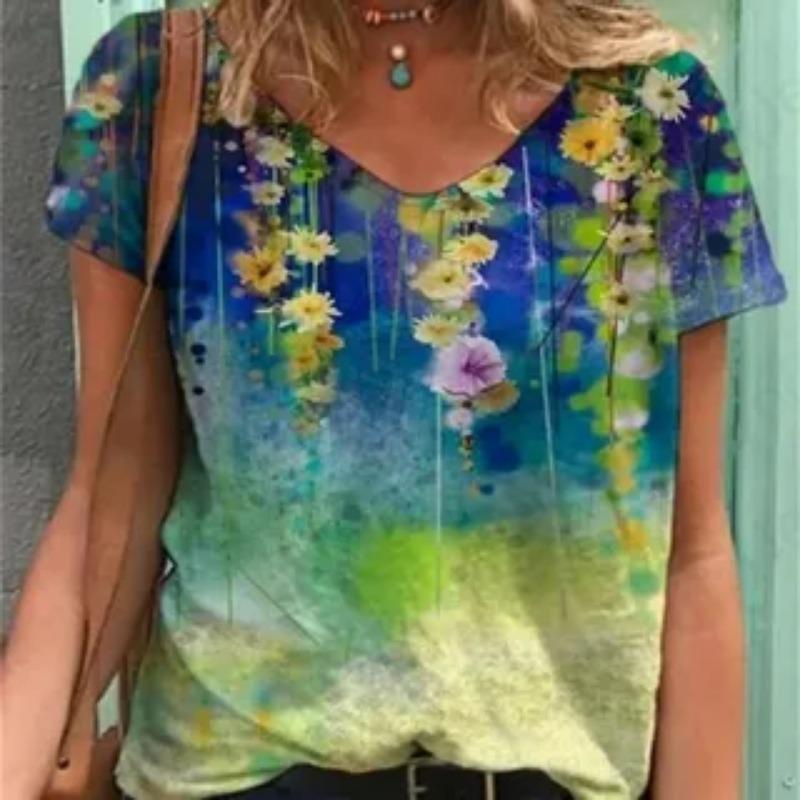 Summer V-neck 3D Ink Painting Flower Patterns Printed Top Fashionable Casual Short Sleeved Women's T-shirts