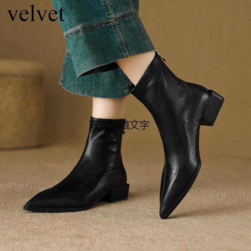 Chelsea Boots Women's Autumn Winter New Thick Heel Bootie Women's Retro Brown Chelsea Boot Pointed Low Heel Elastic Thin Boots
