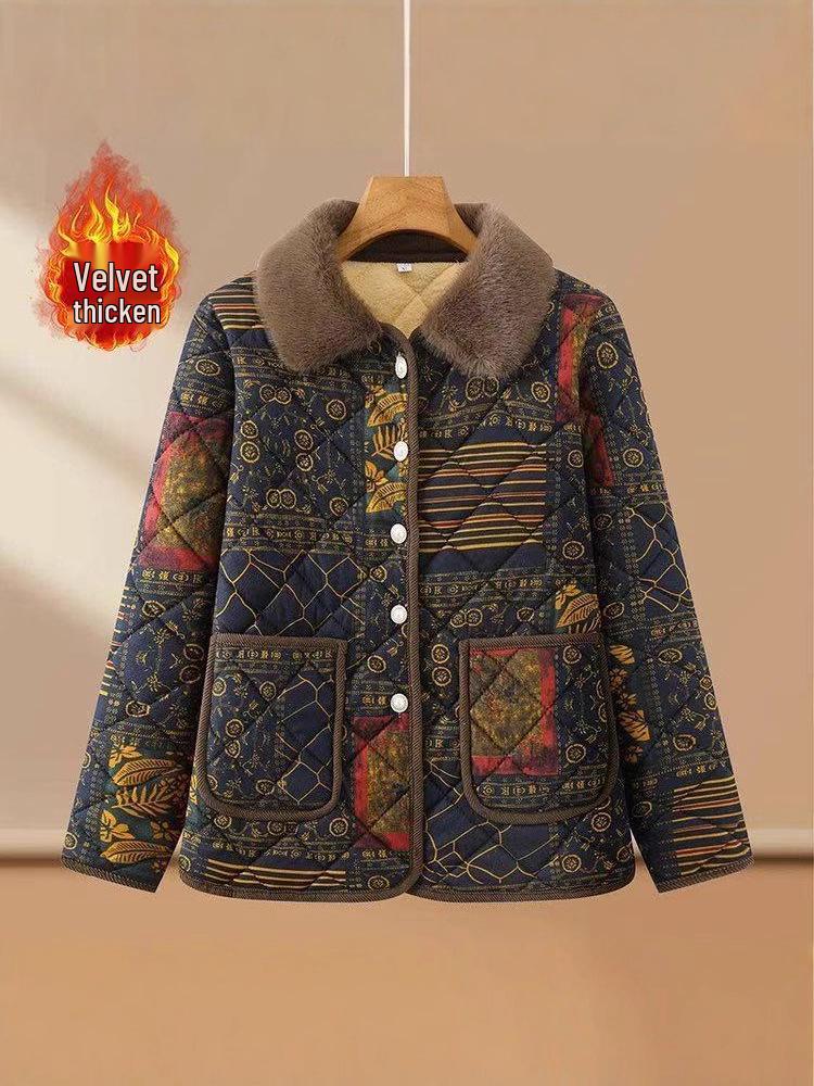 Mid-aged Women's Velvet Lined Cotton Jacket for Autumn/Winter - Warm Padded Top for Elderly
