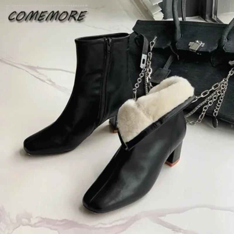 Winter Warm Plüsch Frauen Stiefeletten Mode Reißverschlüsse Elegante Dicke High Heel Schuhe Street Style Warm Halten Damen Kurze Stiefel Beige