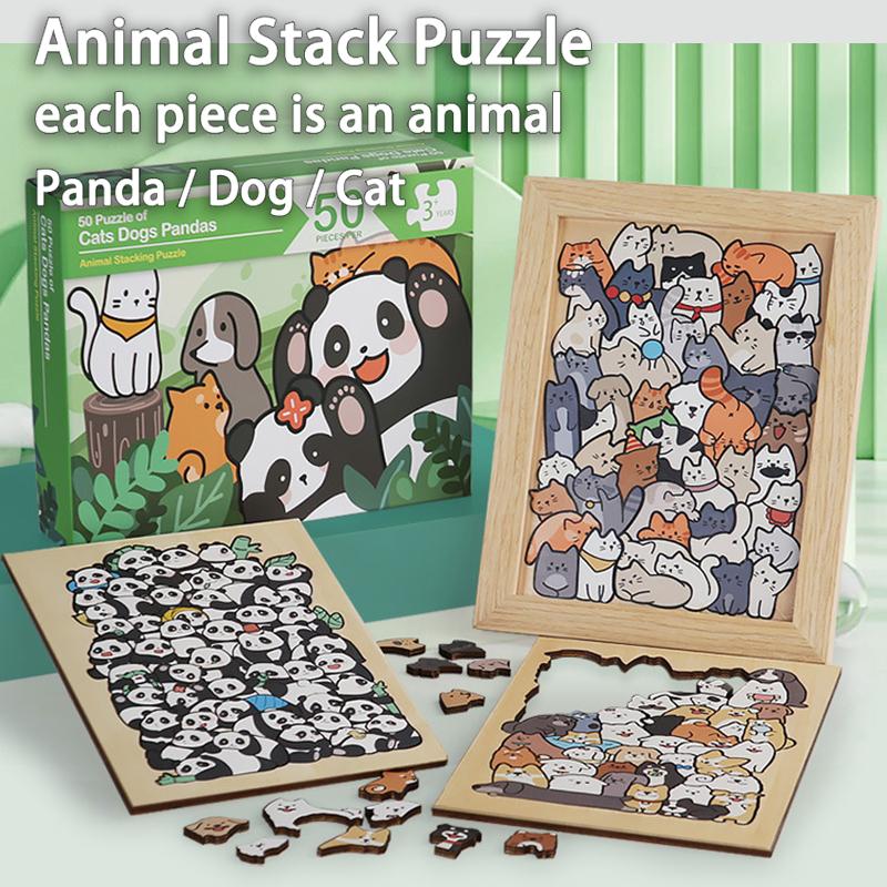 Kids Creative Animal Shape Puzzles Table Games Dog Cat Panda Stacked Puzzle Brain Games Montessori Thinking Education Wooden Toy