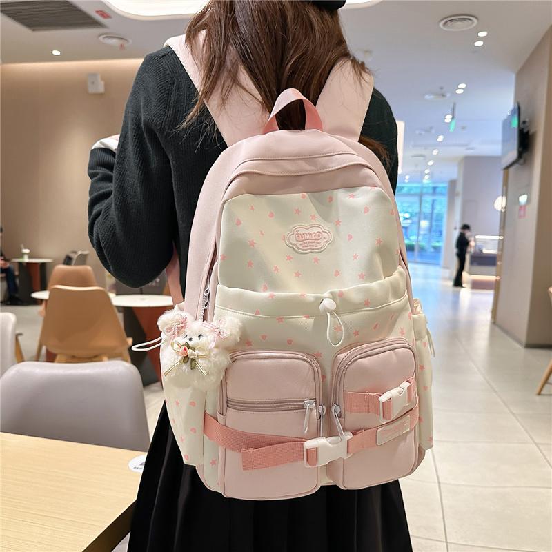Süßer Nylon-Rucksack für Damen – Kawaii Stern & Punkt Muster Schultasche mit mehreren Taschen und verstellbaren Trägern, Perfekt für den täglichen Gebrauch