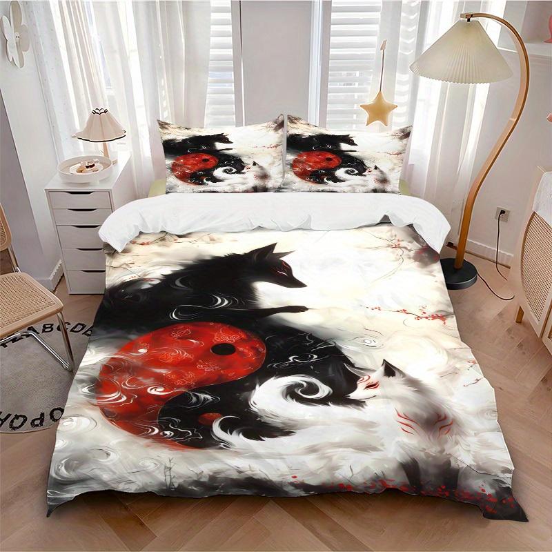 3pcs Yin Yang Fox Bedding Set Soft Polyester Down Comforter Cover and Pillowcases,Home Decoration All Seasons(No Insert) S0819100