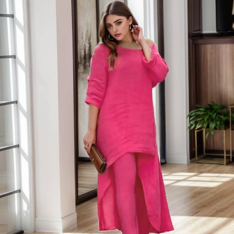 Women's Cotton Linen Long Pants Sets Fashion Solid Casual Irregular Tops Wide Leg Pant Suits Office Lady Two Piece Sets Clothes