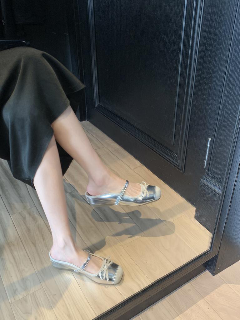 Sheepskin Version~ Premium Silver Leather Inner Height-increasing Slippers Women's Summer Bow Bag Head Thick Bottom Half Slippers Sandals