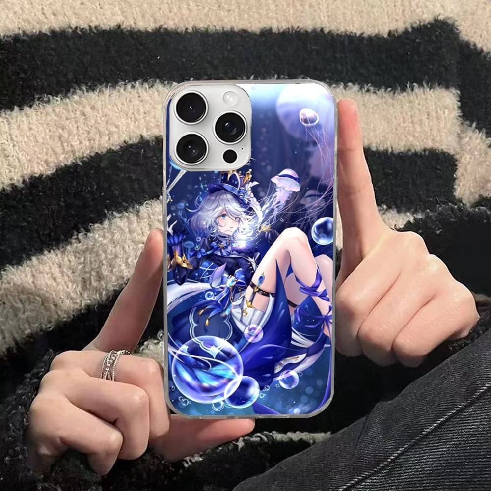 Genshin Impact Furina Phone Case For iphone 17 16 15 14 13 12 11 Pro Max Plus Silver Laser Satin Aurora
