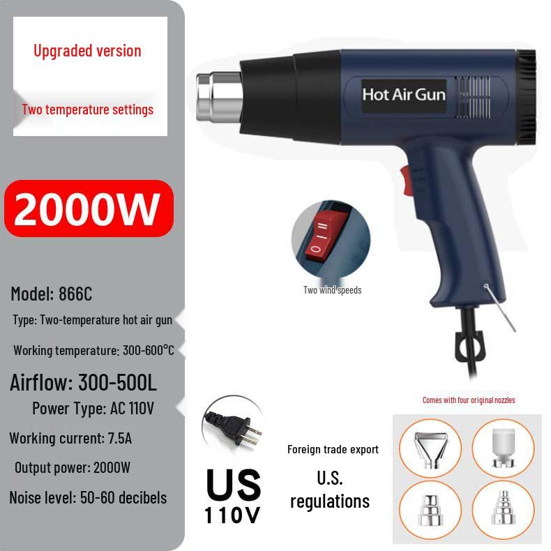 Dual Voltage High-Power Heat Gun: 110V US & 220V EU Handheld for Drying, Film Baking, and Heat Shrink Applications