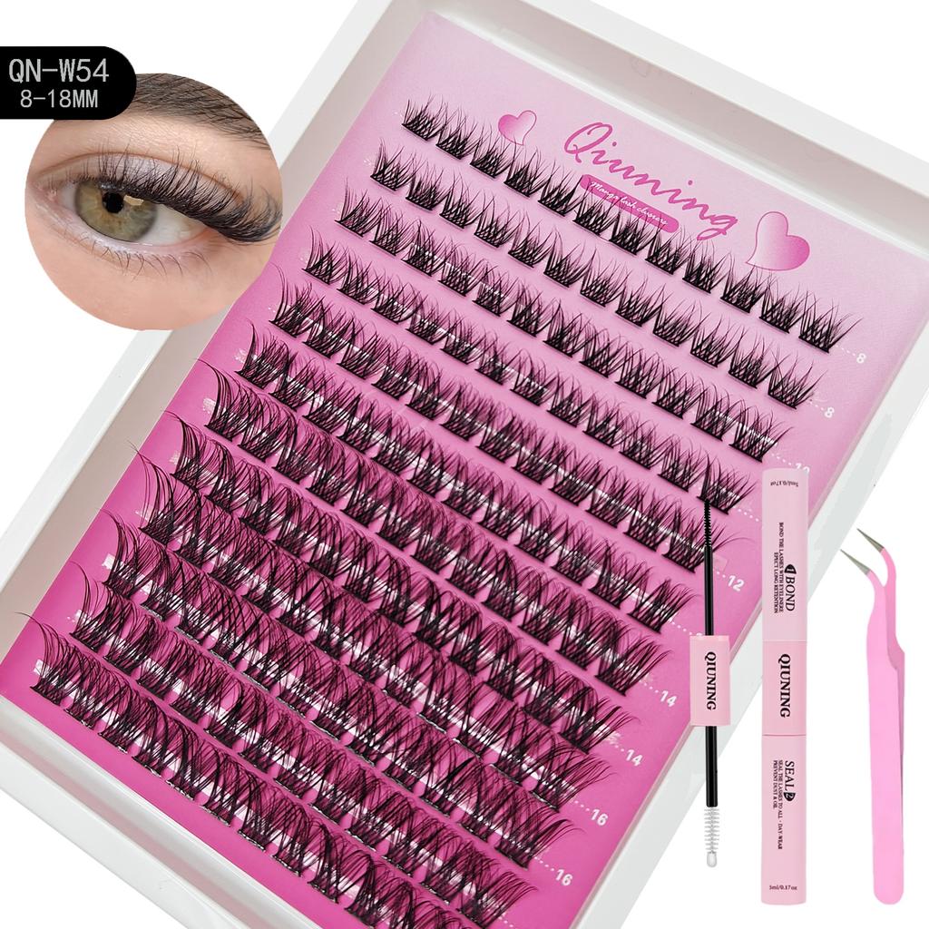 QIUNING Manga Lash Clusters Kit Cat Lashes with Lash Bond & Seal Cluster Eyelash Extensions Mixed Tray Eyelash Clusters Kit