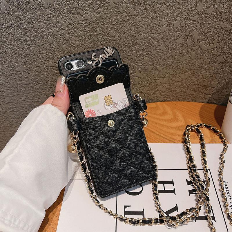 Camellia Plaid Wallet Flip Phone Case for Huawei P50 Pocket Folding for Samsung Zflip5 Chain 4