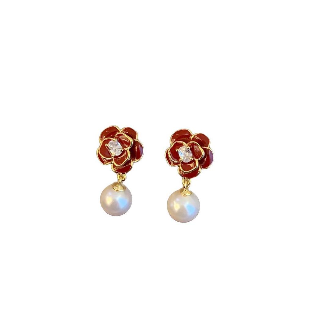 Silver Needle Enamel Rhinestone Flower Pearl Stud Earrings - Elegant High-End Accessories for Women