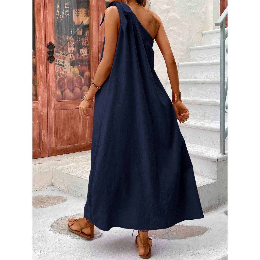 2026 Summer New Fashion Women Solid Color One-Shoulder Long Dress Casual Elegant Diagonal Collar Sleeveless Straight Dresses