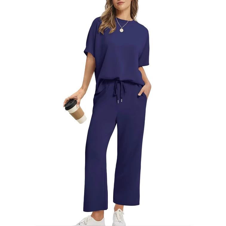 

Women s Casual Deep Blue Short Sleeve Top & Wide Leg Pants Set, Loose Fit with Drawstring Waist S темно-синий