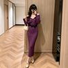 Purple V-neck Knit Sweater Dress for Women Fall Elegant Style Knitted Batwing Sleeve Slim-Fit Long-Sleeve Bodycon Dress