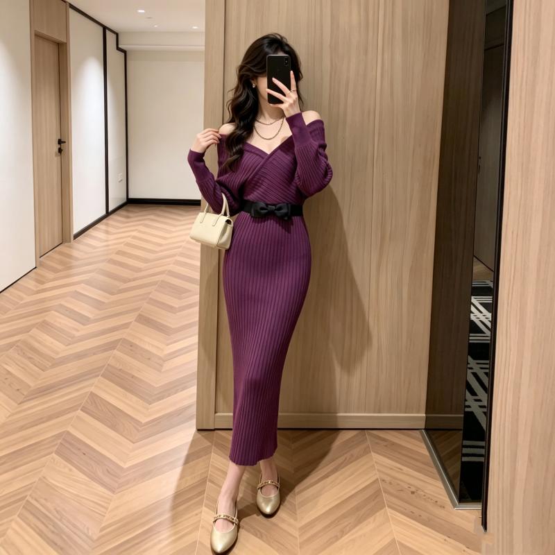 Purple V-neck Knit Sweater Dress for Women Fall Elegant Style Knitted Batwing Sleeve Slim-Fit Long-Sleeve Bodycon Dress