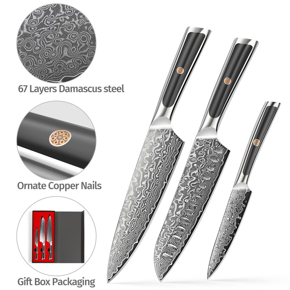 LONSDOW 67 Layers Damascus Steel Santoku Knife Steel Handle Chef Damascus Kitchen Knives Set