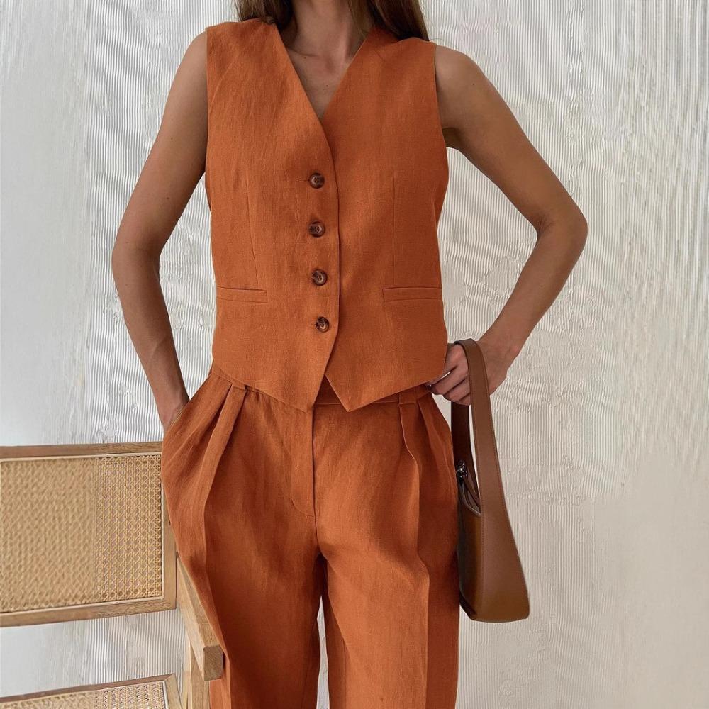 Women's Loose Fit Two‑Piece Outfit Sleeveless Vest Top High Waist Wide Leg Pants Linen Blend Matching Suit For Daily Casual Wear