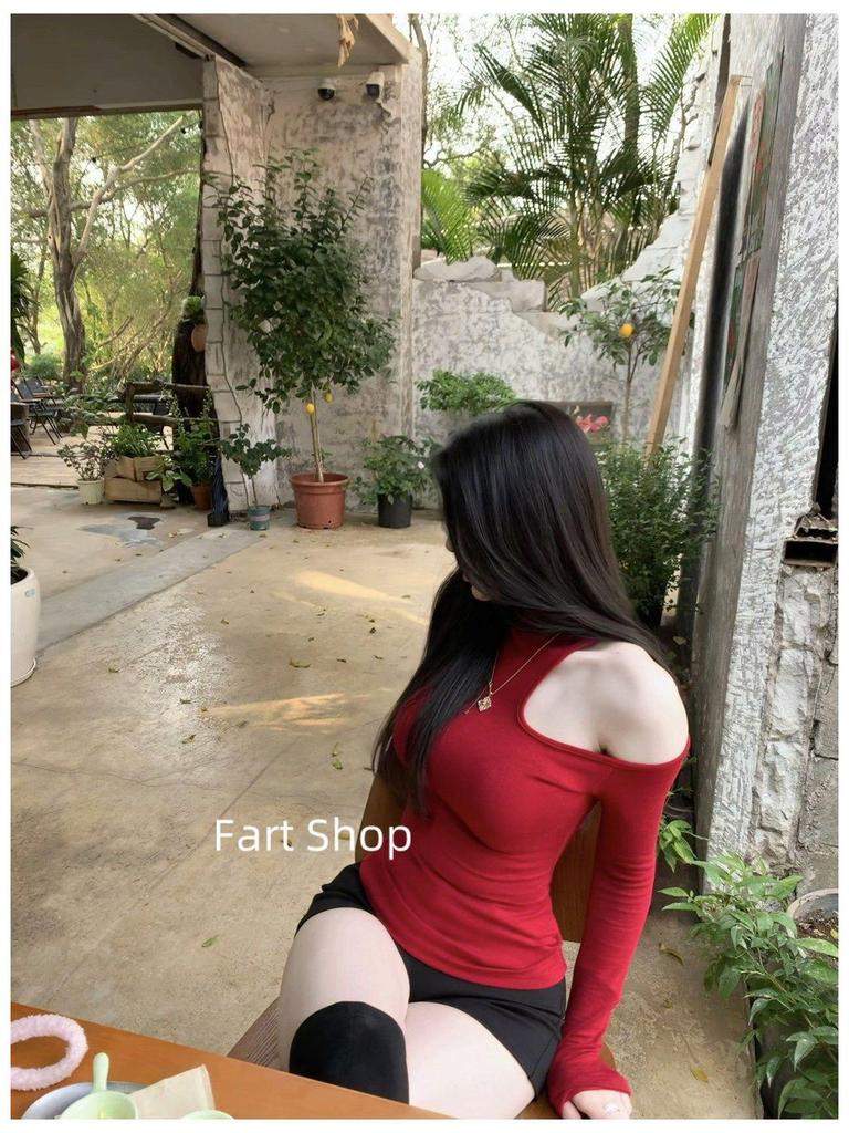 260g Cotton Modal American Spicy Girl High Neck Off-Shoulder Slimming Bodycon Waist-Cinched Chic Casual Top