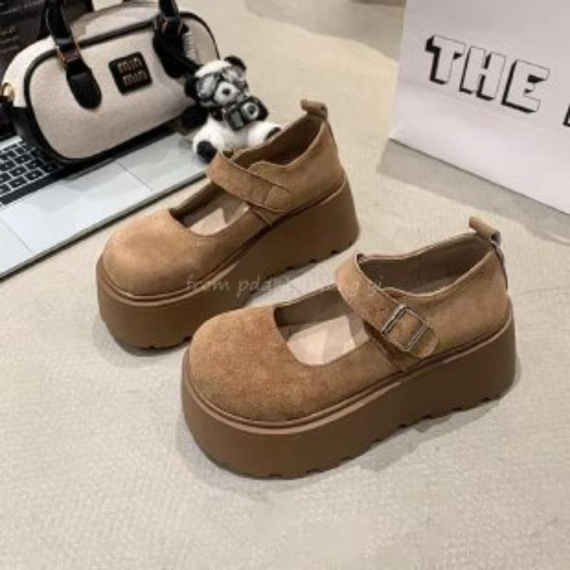 

Thick-soled small women s spring retro Mary Jane single shoes word Velcro non-slip heightening single shoes 40 светло-коричневого
