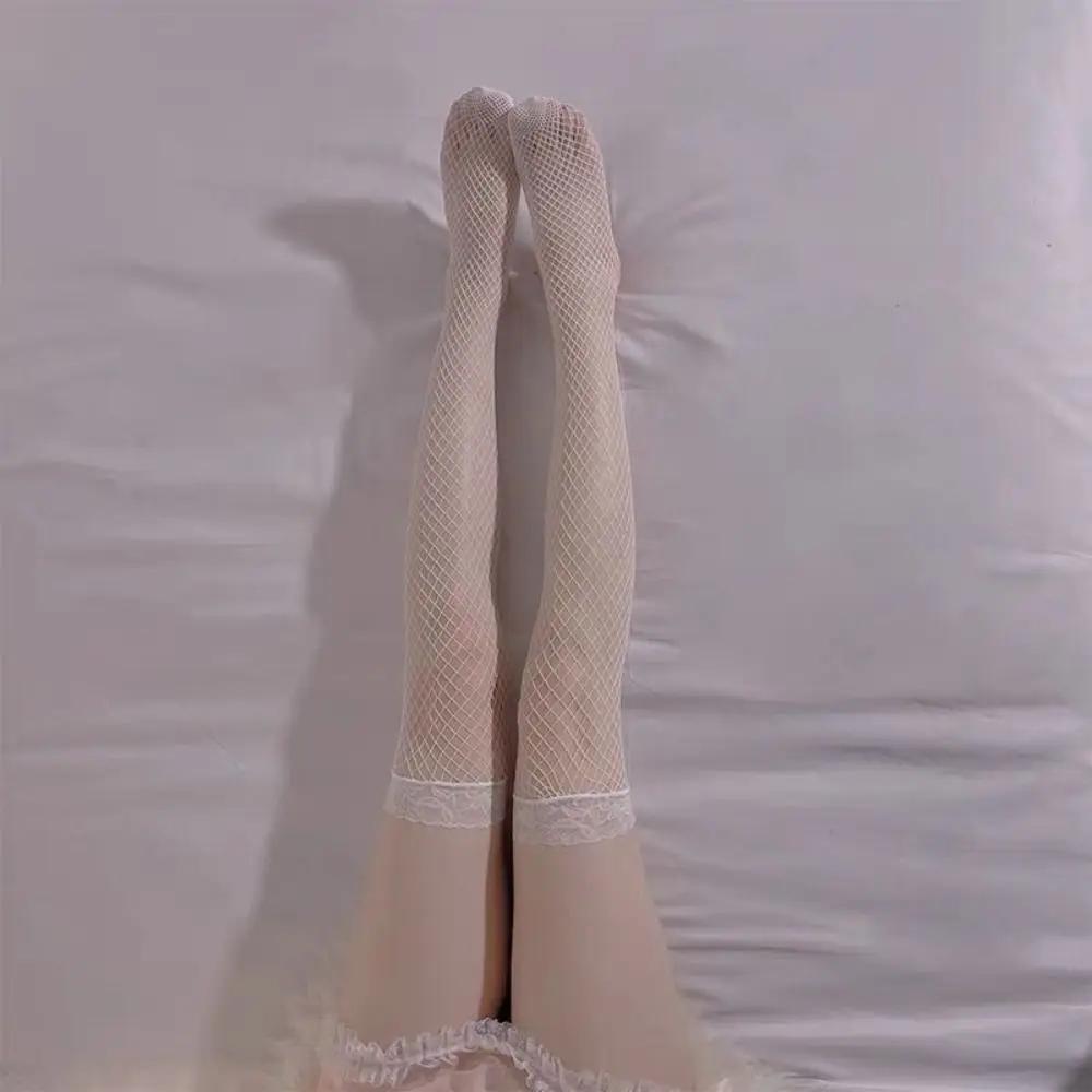 Black White Overknee Long Socks Women Sweet Girls Lolita Bowknot Thigh High Fishnet Stockings Gothic Punk Lace Mesh Legging