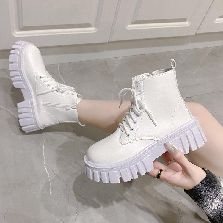 

White New Women Ankle Boots Autumn Winter Platform Zipper Women Punk Boots Thick Sole Lace Up Booties Female Mujer 35