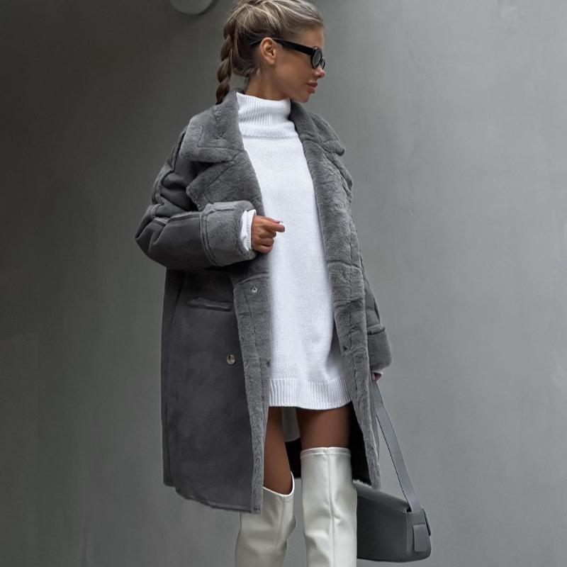 Abrigo de gamuza de felpa retro de moda de invierno, cuello de traje, cárdigan largo, abrigo de felpa de manga larga
