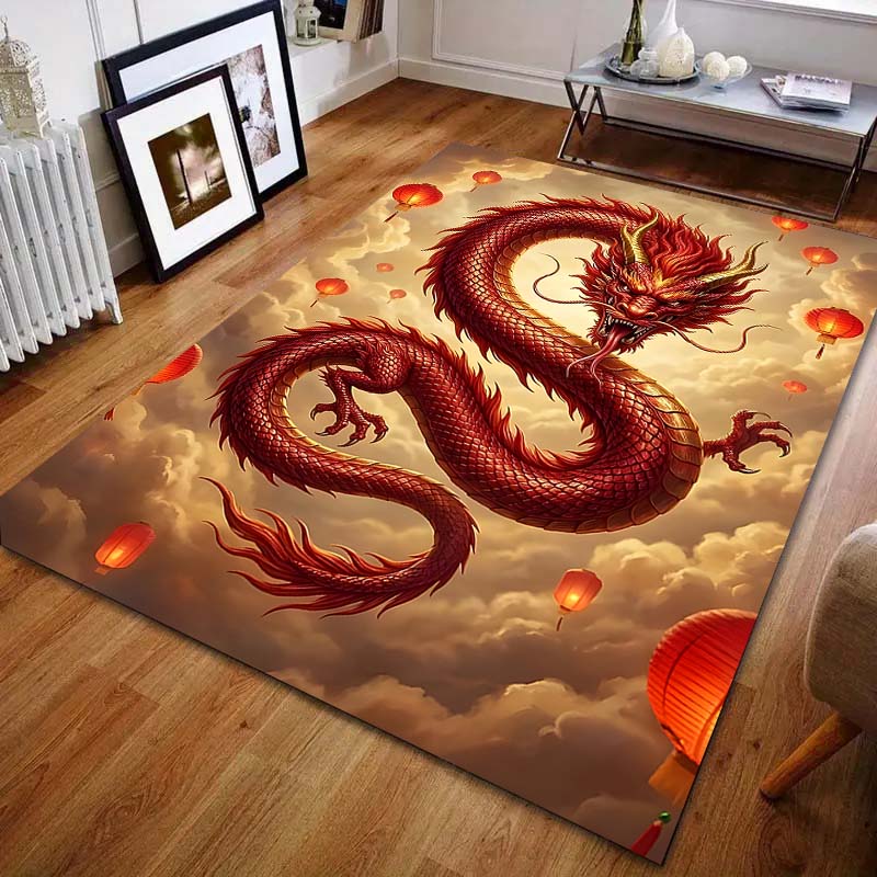 1PC Red Dragon with Floating Lanterns Carpet for Living Room Bedroom Sofa Home Decor Rus Non-slip Floor Mat Luxury Gift