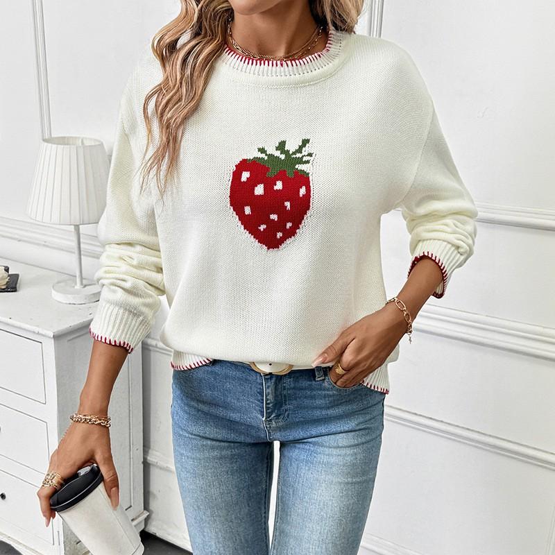 Womens Winter Knit Sweater With Strawberry Jacquard Round Neck Long Sleeve Loose Fit Casual Pullover