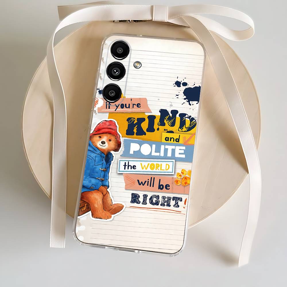 P-Paddington Bear Cute Phone Case For Samsung S24,30,21,22,23,20 FE,lite,PIus,Ultra,5G,Note,9,10 Transparent Cover