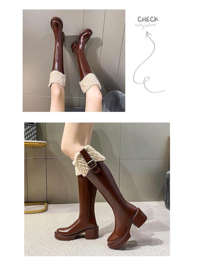 Women's Fleece-Lined Over-the-Knee Cotton Boots with Chunky High Heels and Furry Slimming High-Shaft Design